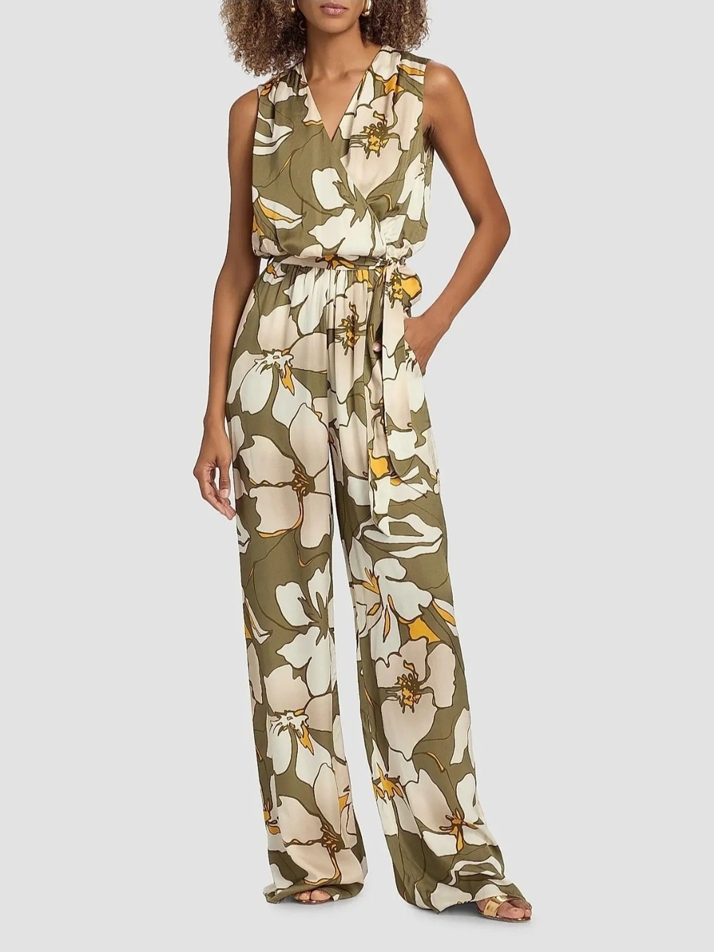 Ramy Brook Olive, Cream & Yellow Floral Sleeveless Jumpsuit
